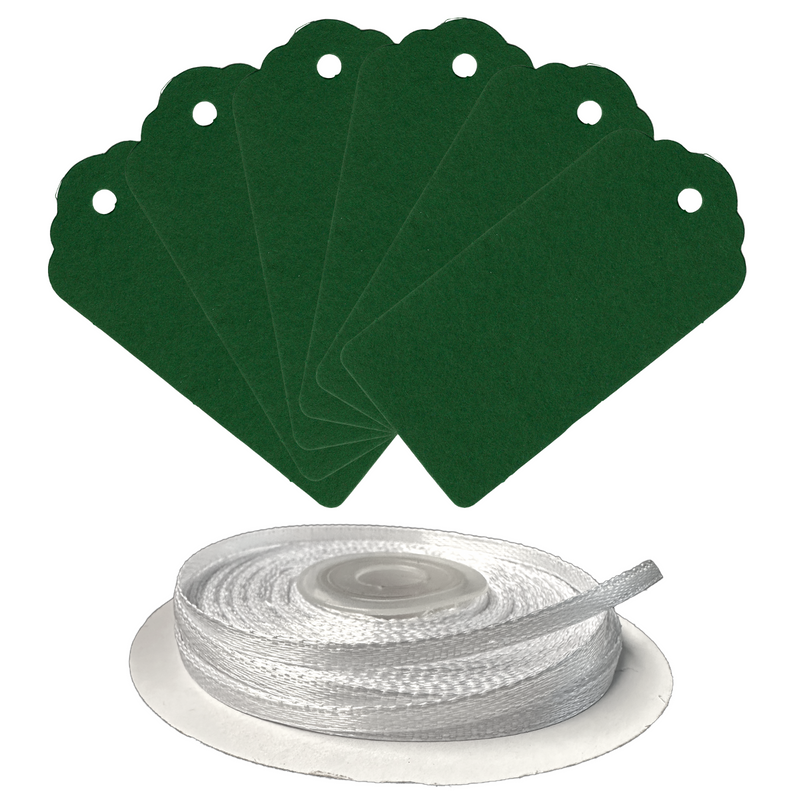 100 Rectangle Scalloped Gift Tags with White Satin Ribbon - 21 Colours Christmas