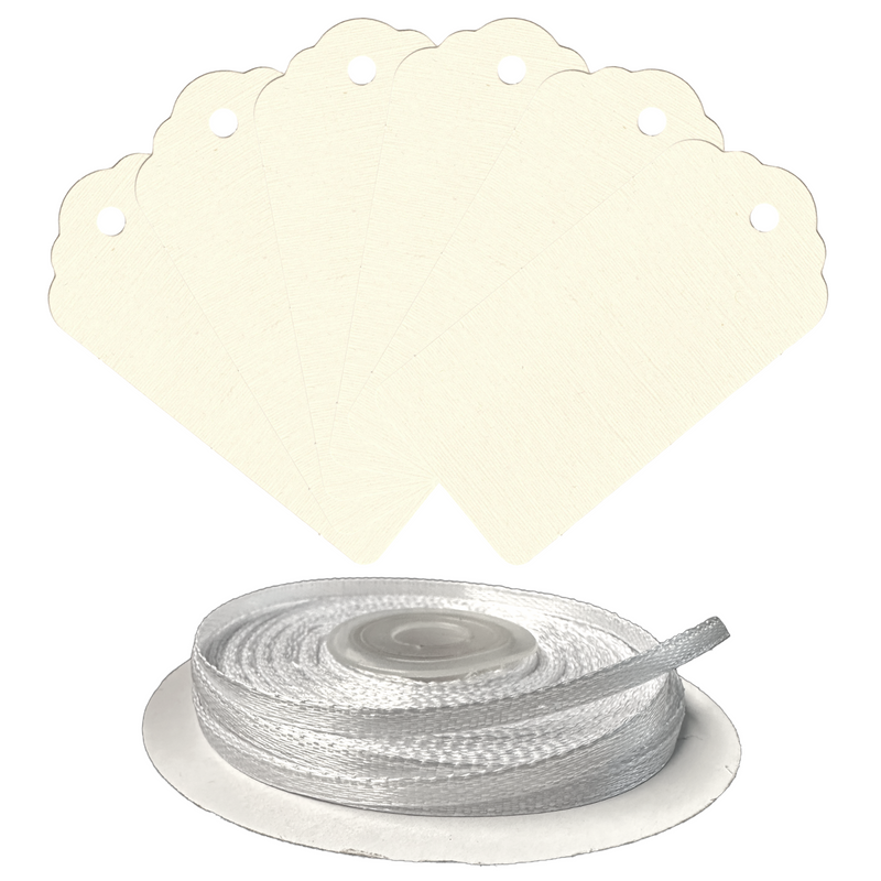 100 Rectangle Scalloped Gift Tags with White Satin Ribbon - 21 Colours Christmas