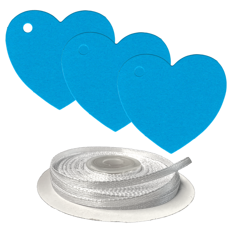 100 Heart Shaped Gift Tags with White Satin Ribbon -  21 Colours, Birthday Xmas