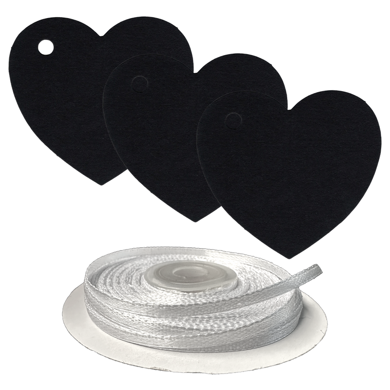 100 Heart Shaped Gift Tags with White Satin Ribbon -  21 Colours, Birthday Xmas