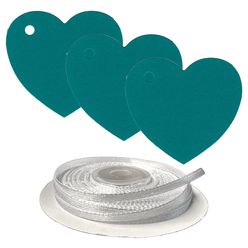 100 Heart Shaped Gift Tags with White Satin Ribbon -  21 Colours, Birthday Xmas