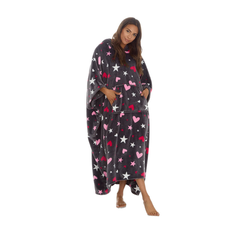 Ladies Oversized Blanket Hoodie - Extra Long Fleece Poncho with Kangaroo Pocket