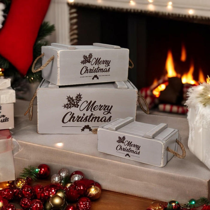 S/3 RUSTIC GREY CRATES WITH LIDS ROPE HAND