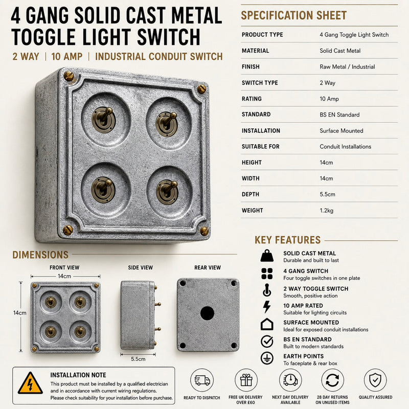 4 Gang 2 Way Solid Cast Metal Surface Mounting Conduit Light Switch Industrial