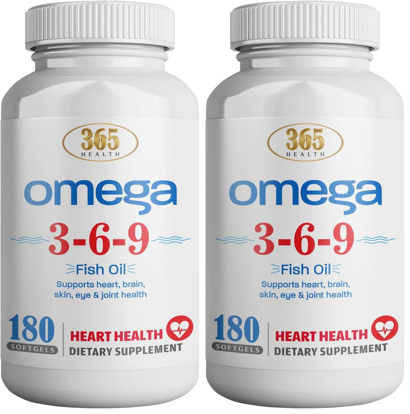 365 Health Omega 3-6-9 180 Softgels – from Fish, Flaxseed & Borage Oils – Non-GMO & Gluten Free (Pack of 2)
