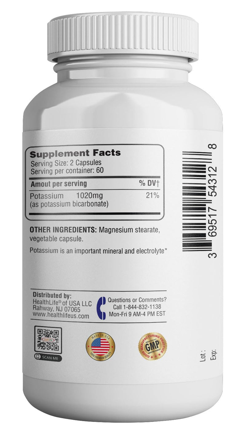 365 Health Potassium Supplement 1020 mg | Potassium Bicarbonate | Non-GMO, Gluten Free | Made in USA | 120 Vegetarian Capsules (2-Pack)