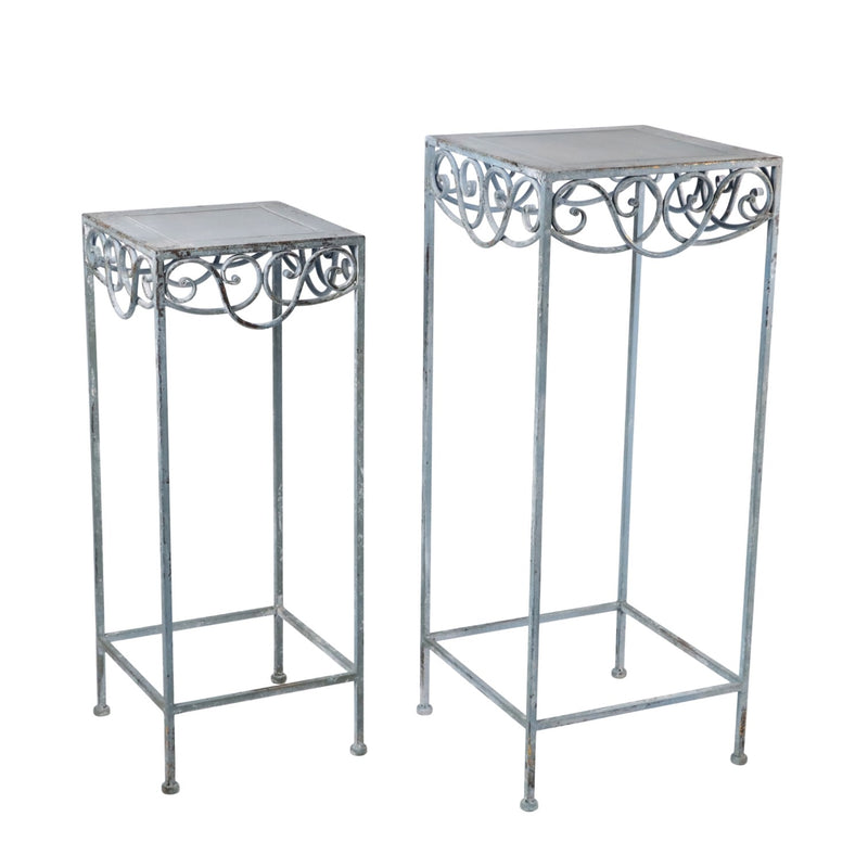 AcaciaHome Durable Blue & Gold Square Plant Pot Table Set of 2 – Metal Nesting Planters with Stand, Art Deco Floral Design, Weather-Resistant Indoor Outdoor Decor, Balcony & Home Display