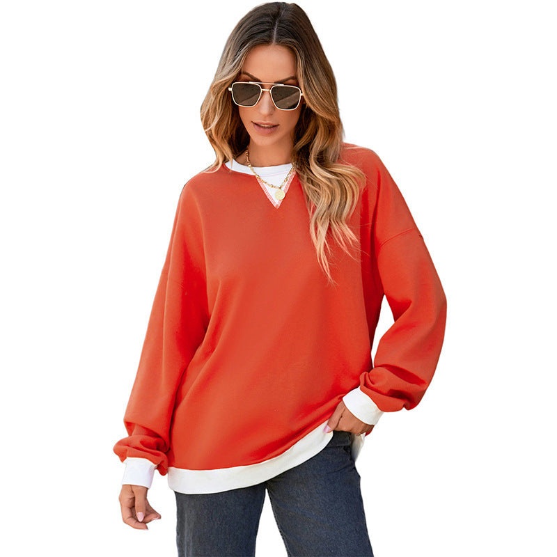 Color Contrast Patchwork Round Neck Pullover Long Sleeve Sweater Women