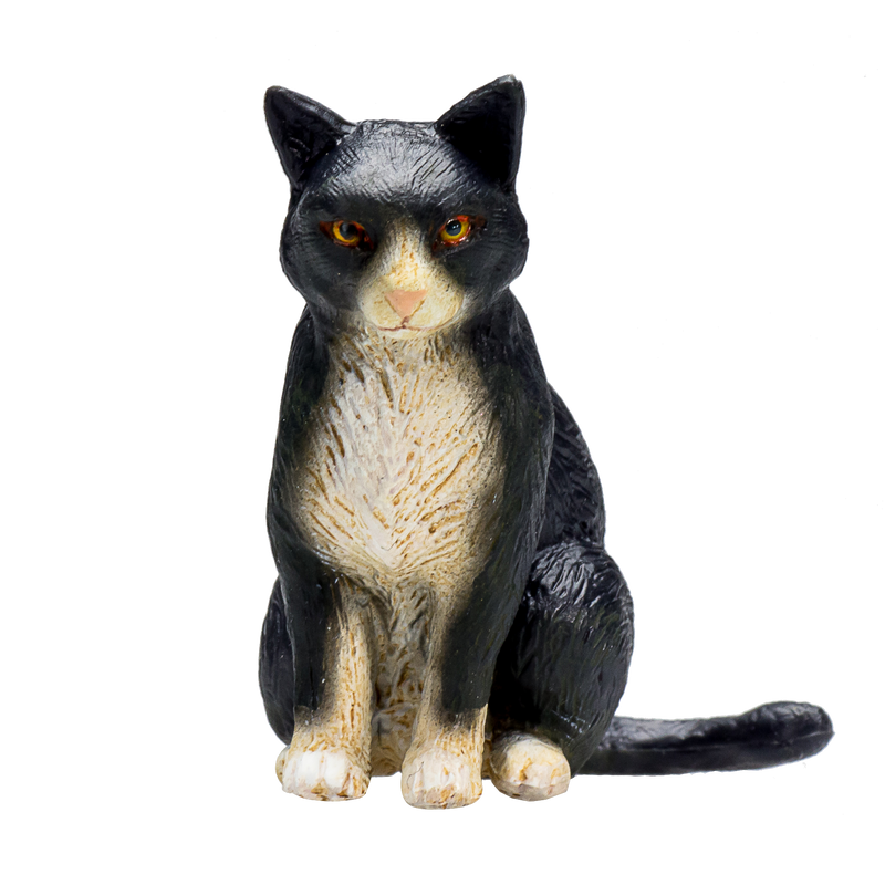Cat Sitting Black and White Toy Realistic Pet Figurine