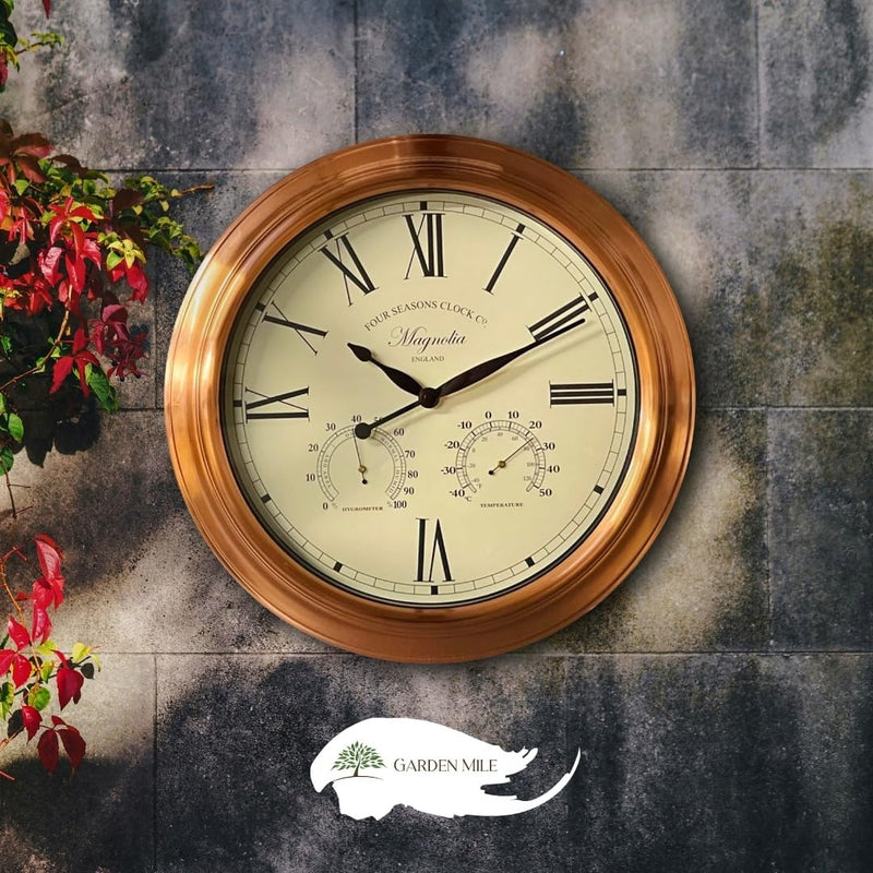 38cm Copper Effect Outdoor Wall Clock Thermometer Hygrometer