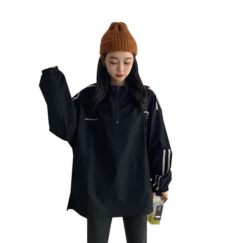 Women's SpringAutumn Thin Striped Preppy-Style Student Top Zip-Up Sweatshirt