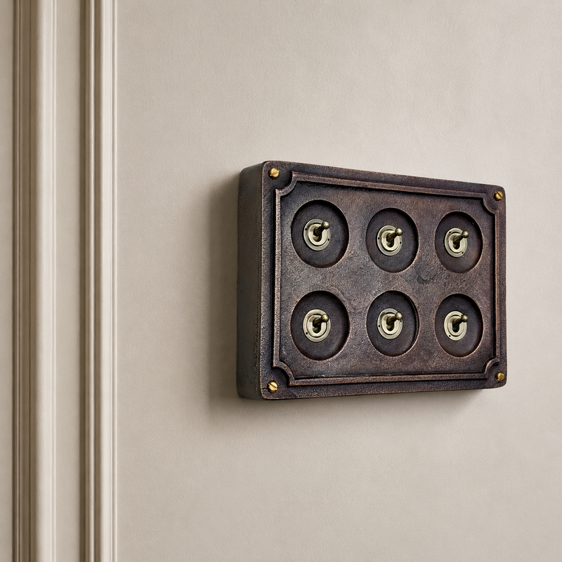 6 Gang 2 Way Antique Copper Solid Cast Metal Conduit Light Switch Industrial - BS EN Vintage Crabtree 1950’s Style