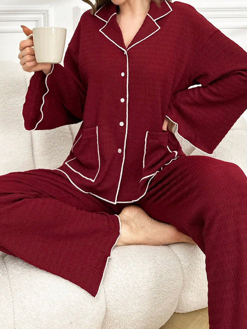 Lapel-collar Button-up Pajama Set For Women