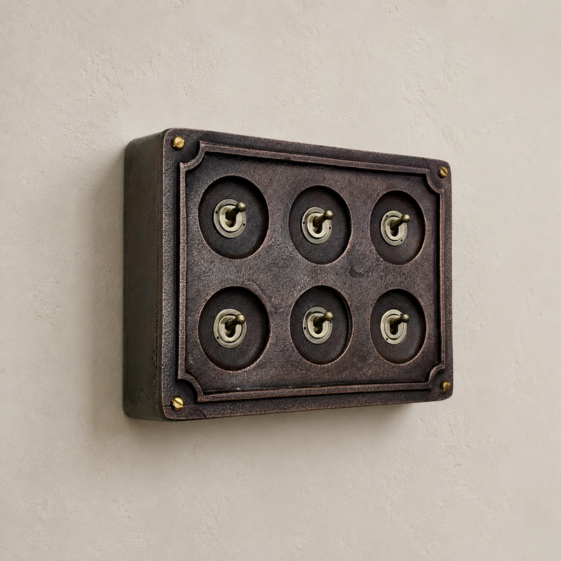 6 Gang 2 Way Antique Copper Solid Cast Metal Conduit Light Switch Industrial - BS EN Vintage Crabtree 1950’s Style