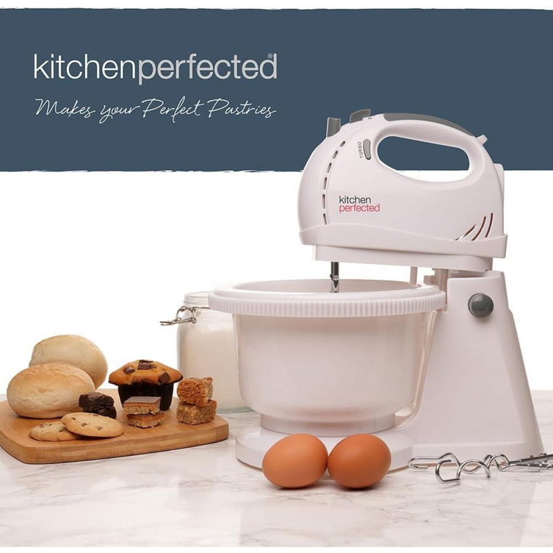 KitchenPerfected 300w Hand Mixer with 2ltr Rotating Bowl - White