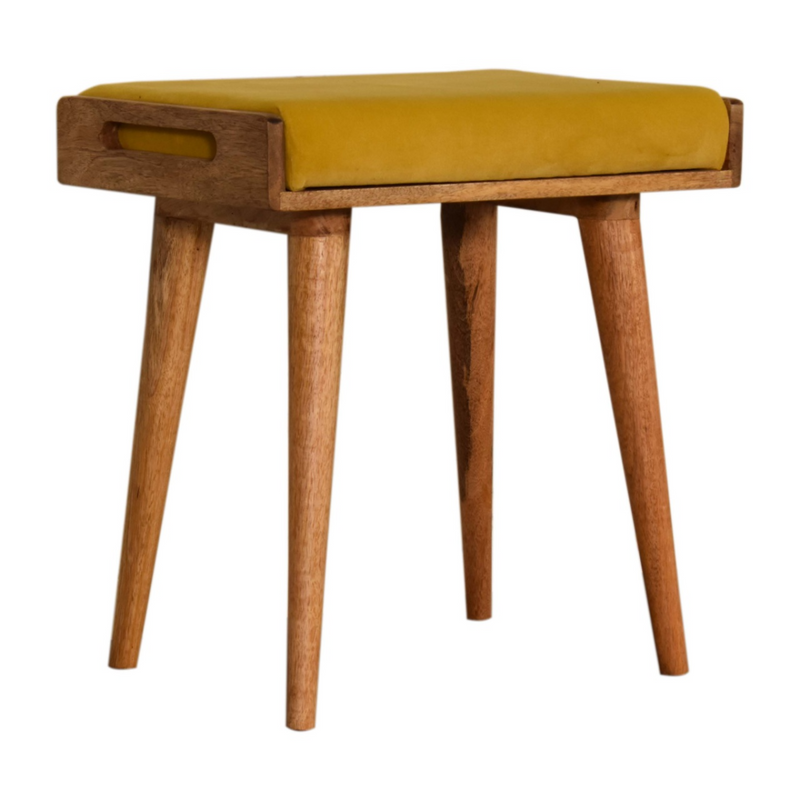 Artisan Furniture Solid Mango Wood Mustard Velvet Tray Style Footstool