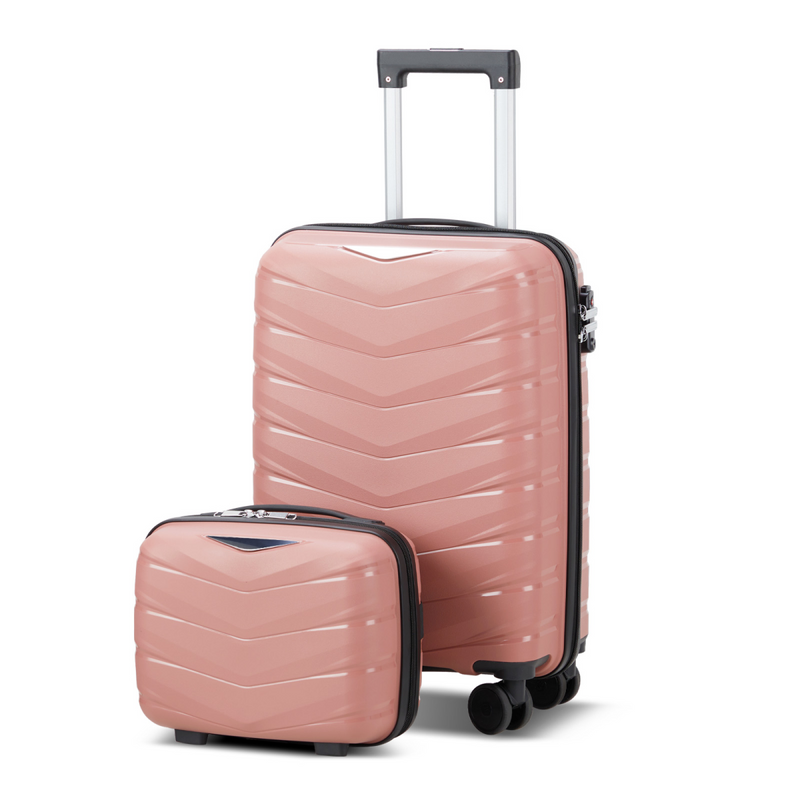 V-shaped stripe 2-piece set with PP handbag PP trolley case 14in 20in PP iron trolley fashionable color - rose gold (grain pattern)