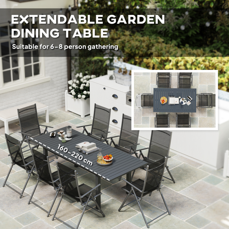 Outsunny Extending Garden Table with Slatted Top, 160/220 x 90 x 73 cm, Grey