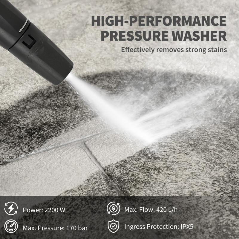 Outsunny 2200W Power Washer 170 Bar Pressure with Adjustable Nozzle