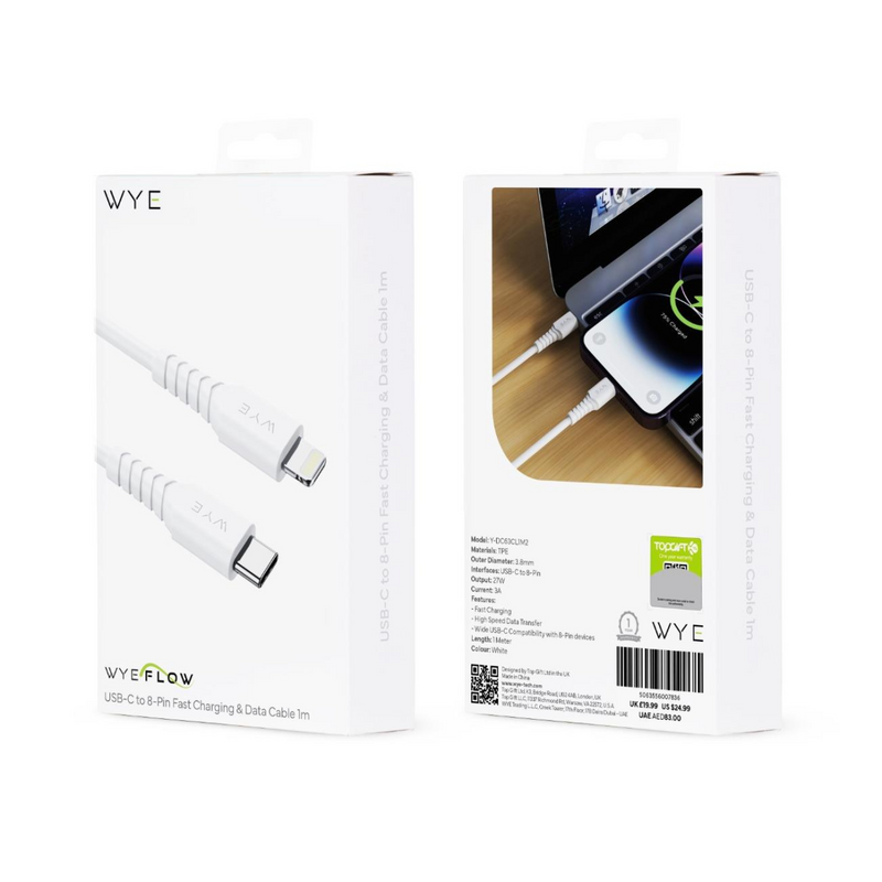 WYE USB-C to 8 Pin 20W Fast Charging & Data Cable 1m