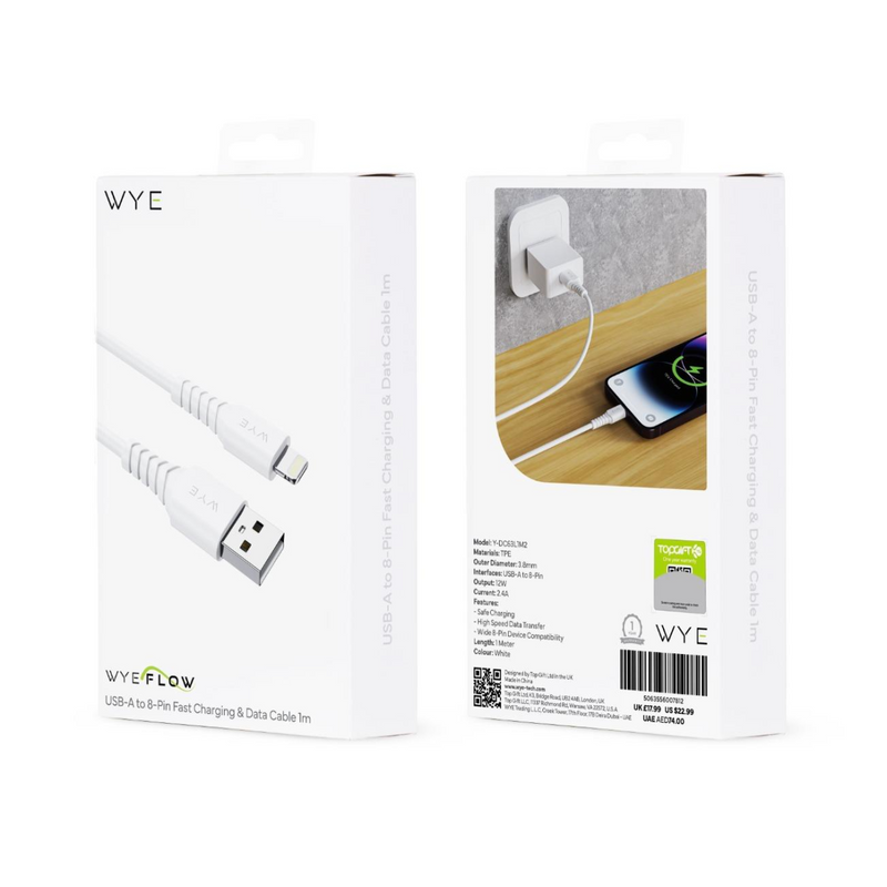 WYE USB-A to 8 Pin Fast Charging & Data Cable 1m