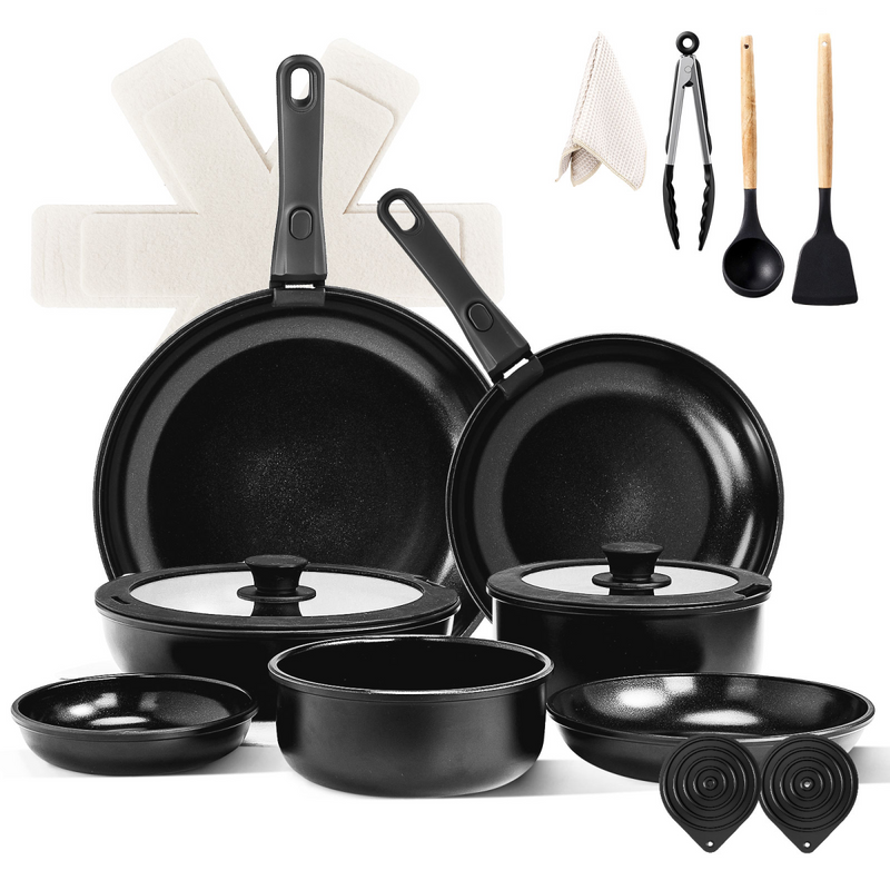 23-Piece Aluminum Cookware Set, Black Non-Stick Pots and Pans Set with Removable Handles - 7 Pots & 2 Lids, Compatible with Induction, Gas, Electric Stoves, Ideal for Home Kitchen & Outdoor Camping