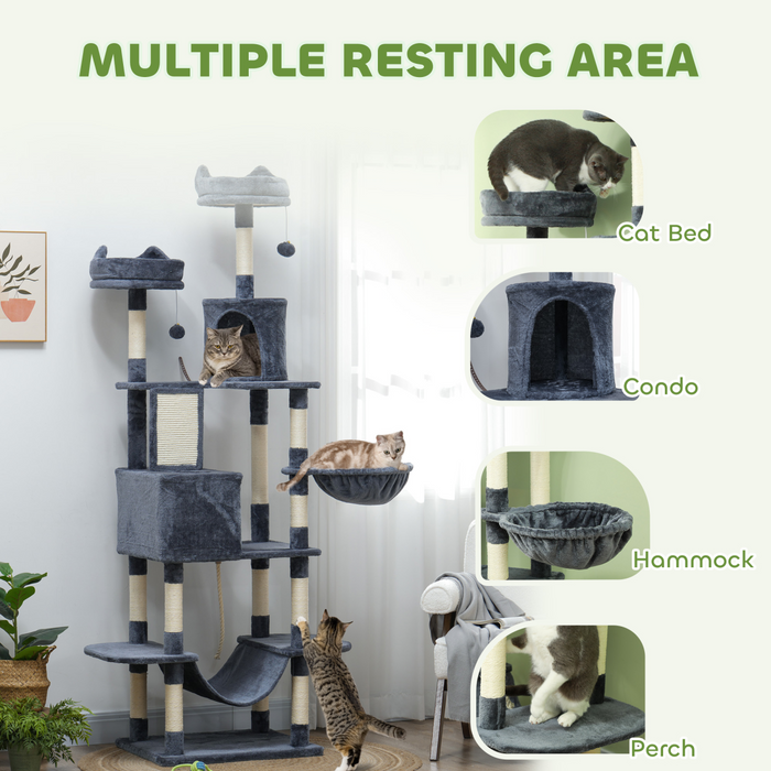 PawHut 206cm Cat Tree with Scratching Posts, Beds, Condos, Toys, Dark Grey