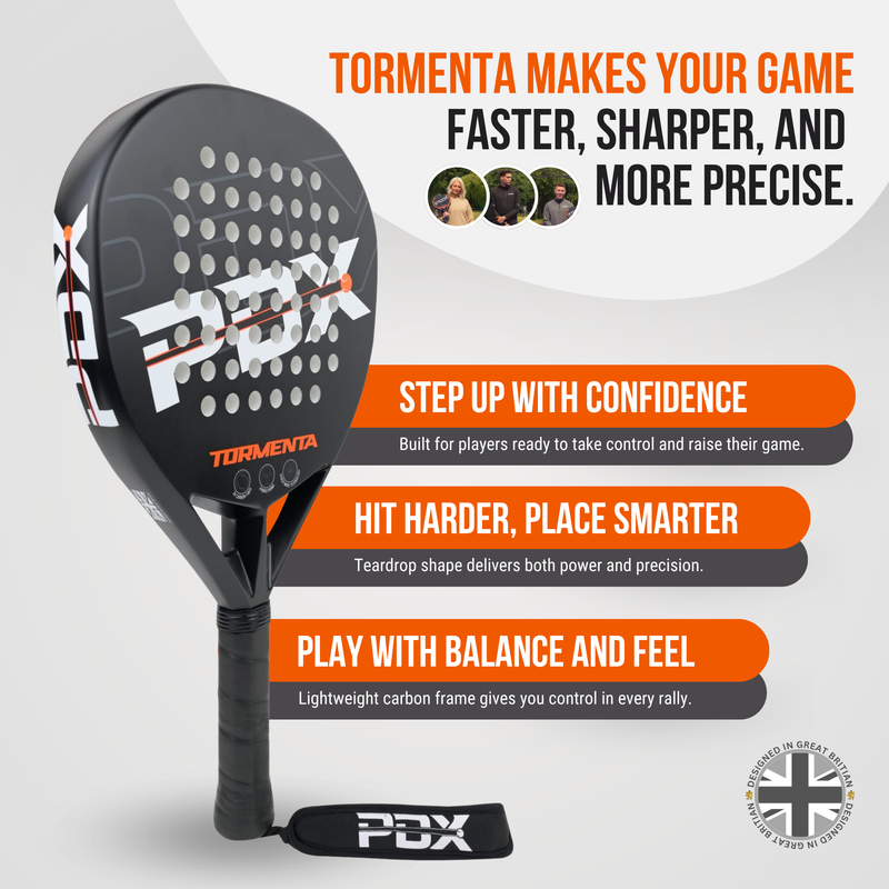 PDX Tormenta Intermediate Padel Racket | Complimentary Racket Carrier Bag | Full Carbon Fibre | 365g Diamond | Power