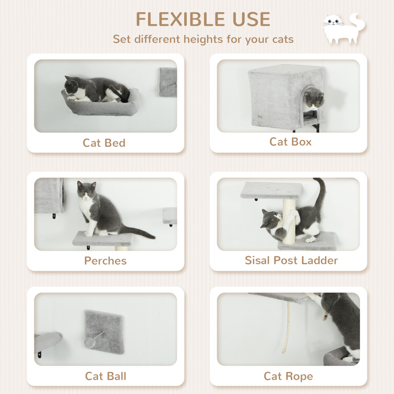 PawHut 6-Piece Cat Wall Shelves Set, Cat Wall Furniture with Condo, Grey