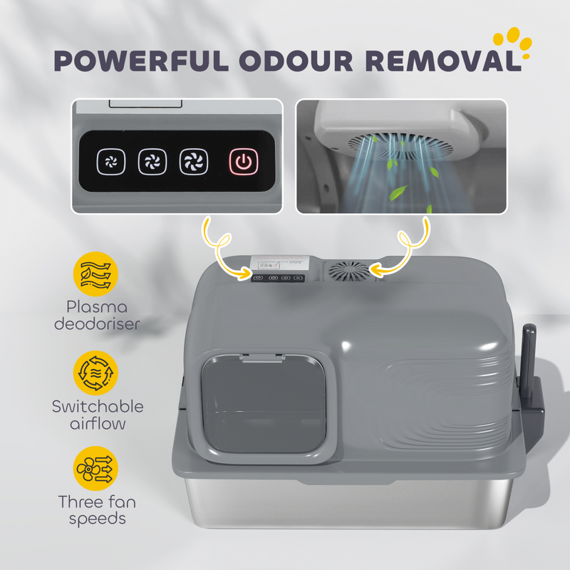 PawHut 65L XL Stainless Steel Litter Tray with Plasma Deodoriser System