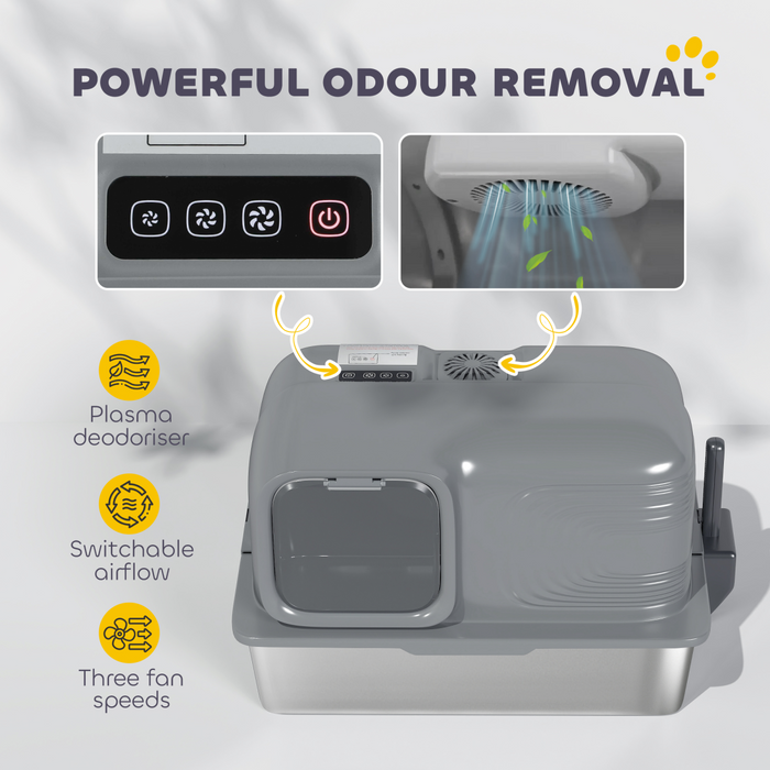 PawHut 65L XL Stainless Steel Litter Tray with Plasma Deodoriser System