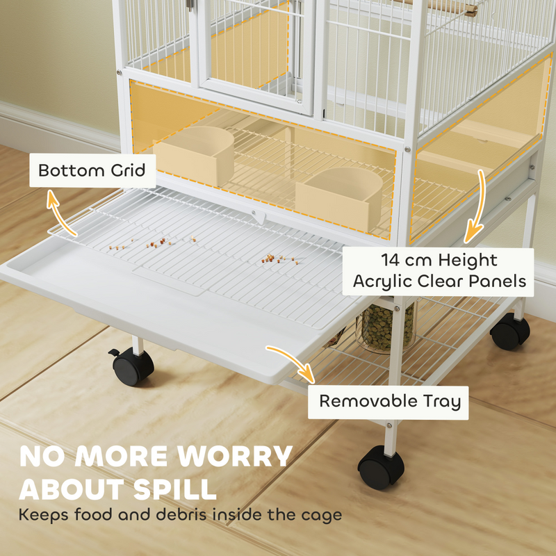 PawHut Bird Cage Parrot Cage with Rolling Stand Acrylic Viewing Panels White