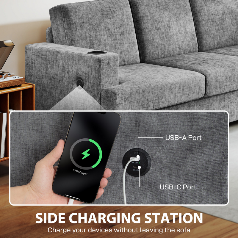 HOMCOM 3 Seater Sofa, Fabric Sofa with USB Ports and Cup Holders, Grey