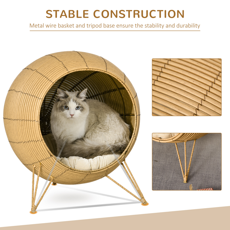 PawHut Wicker Cat Bed Elevated Rattan Kitten Basket Cozy Cave w/ Soft Cushion