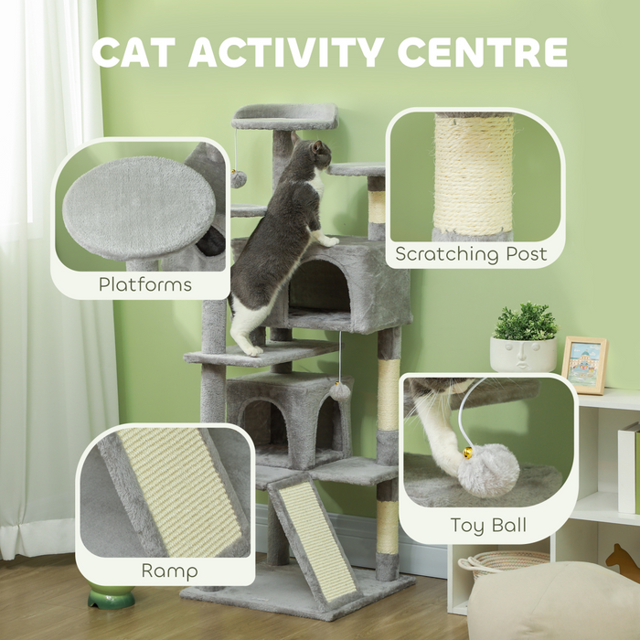PawHut 138cm Cat Tree with Scratching Posts and Pad, Bed, Condos, Light Grey