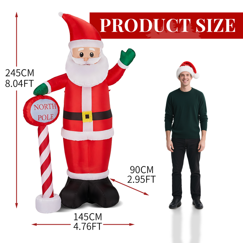 2.45M Lighted Christmas Inflatable Decoration, Inflatable Santa with North Pole Road Sign, Funny Blow Up Yard Decorations with Built-in LED Lights for Holiday Party Front Yard Lawn Garden Decor