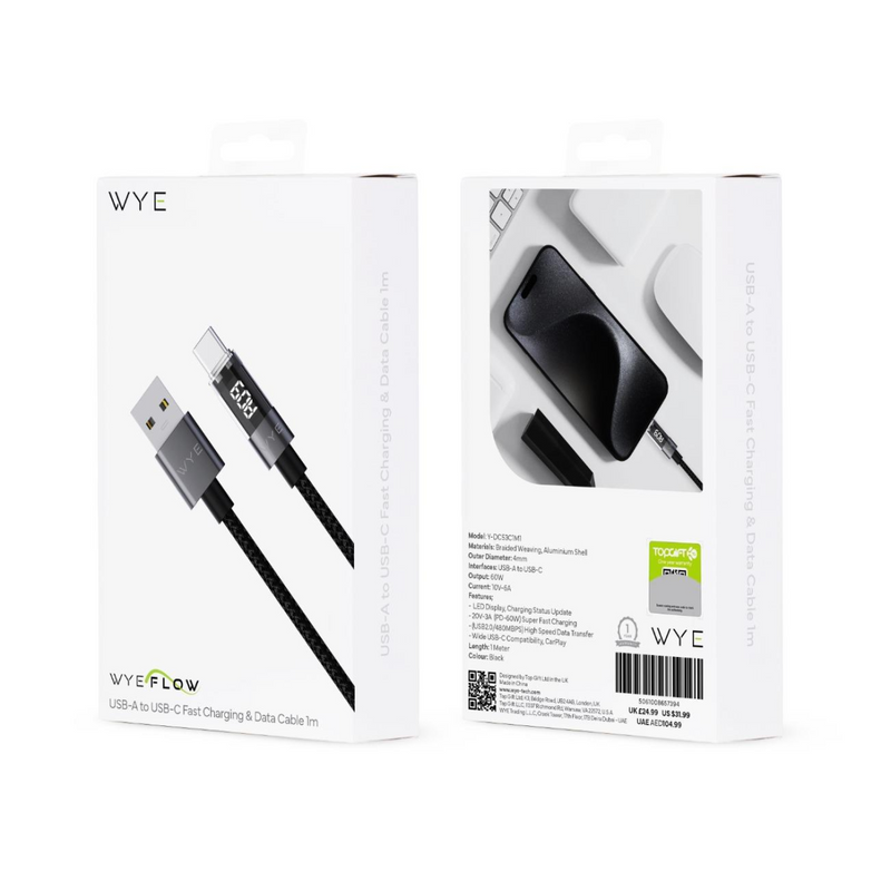 Wyeflow USB-A to USB C Fast Charging & Data Cable With LED Display 1m
