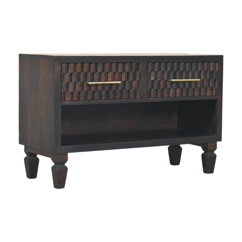 Artisan Furniture Solid Wood Cadiz Carved Shoe Storage Bench, 2 Drawers & 1 Shelf, Dark Brown