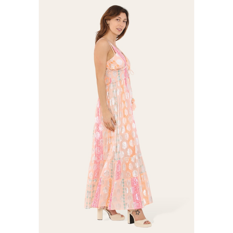 Elegant Long Strappy Dress with Silver Circular Print