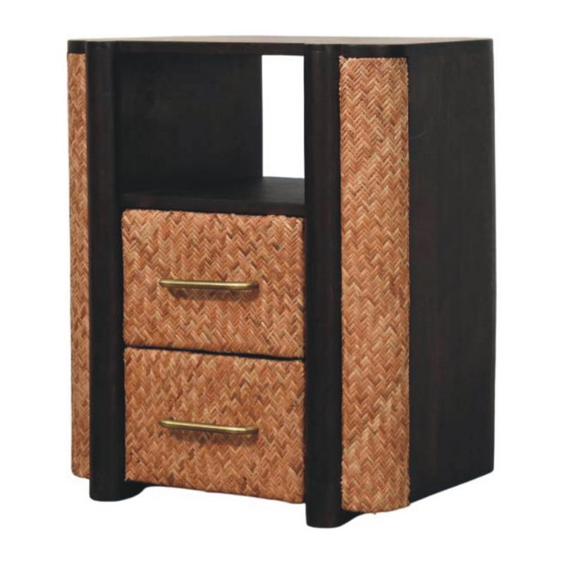 Artisan Furniture Solid Wood Rattan Curve Edge Nightstand, 2 Drawers, 1 Shelf, Brown