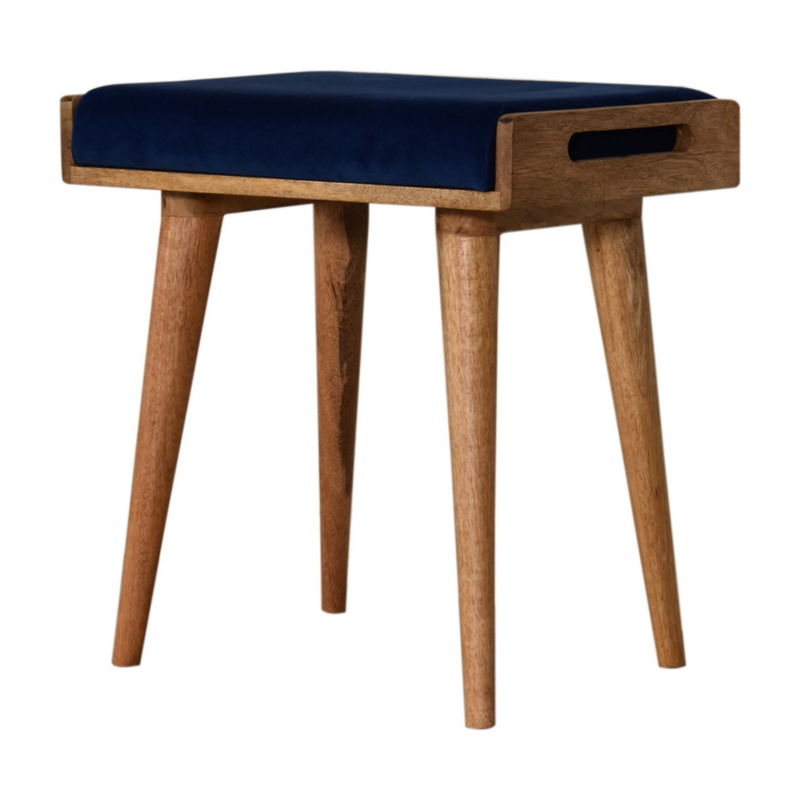 Artisan Furniture Solid Wood Upholstered Royal Blue Velvet Tray Footstool, Beige