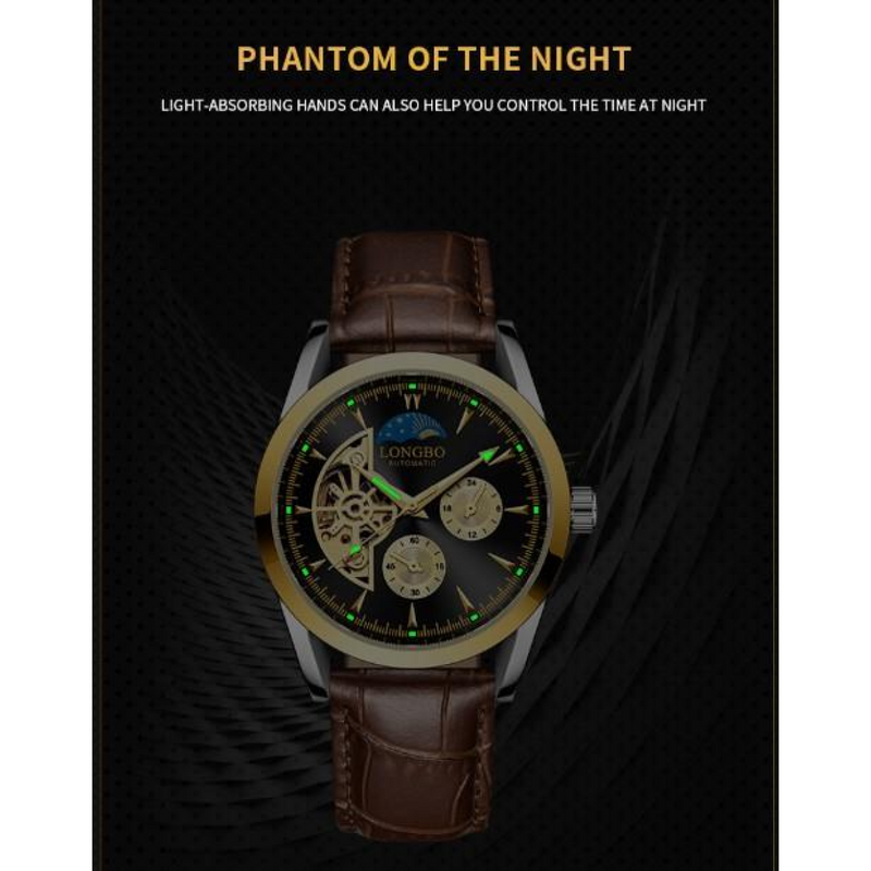 NY London Mens Automatic Hollow mechanical Dial Analogue Gold/Brown Leather Strap Watch