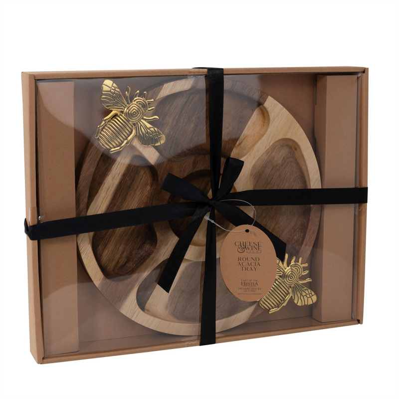 Round Acacia Nibbles Tray Gold Bee Design