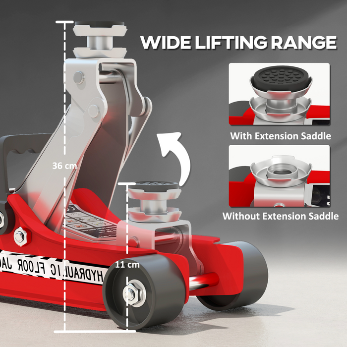 HOMCOM Hydraulic Low Profile Floor Jack, 2.5 T 80-360 mm Steel Car Jack, Red