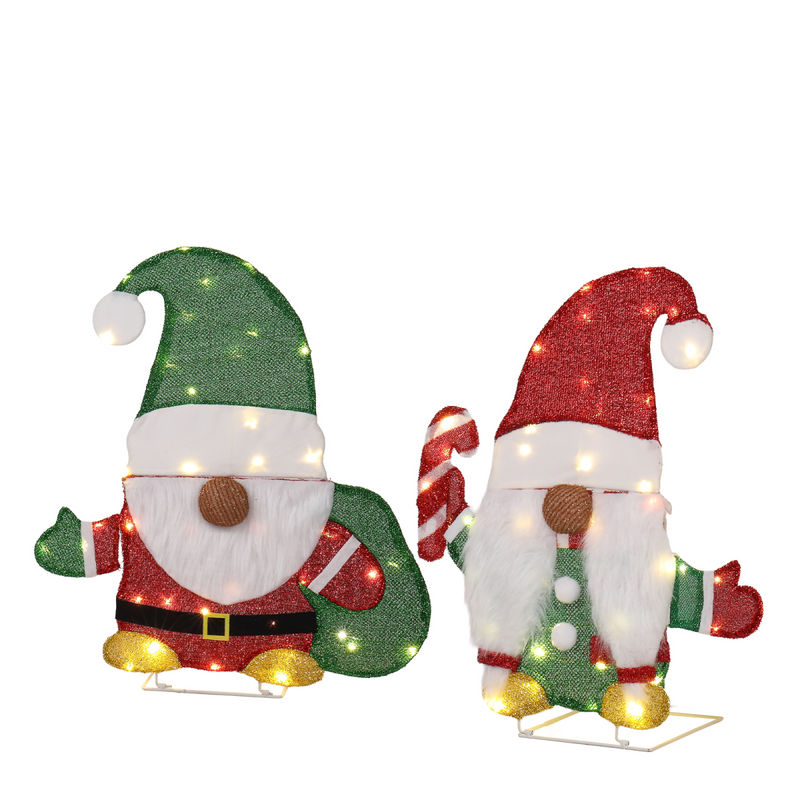 Set of 2 Lighted Gnome and Candy Cane Christmas Decorations, Pre-lit 2D Holiday Decor with 80 Warm White LED Lights for Xmas Outdoor Indoor Decor Lighted Holiday Displays