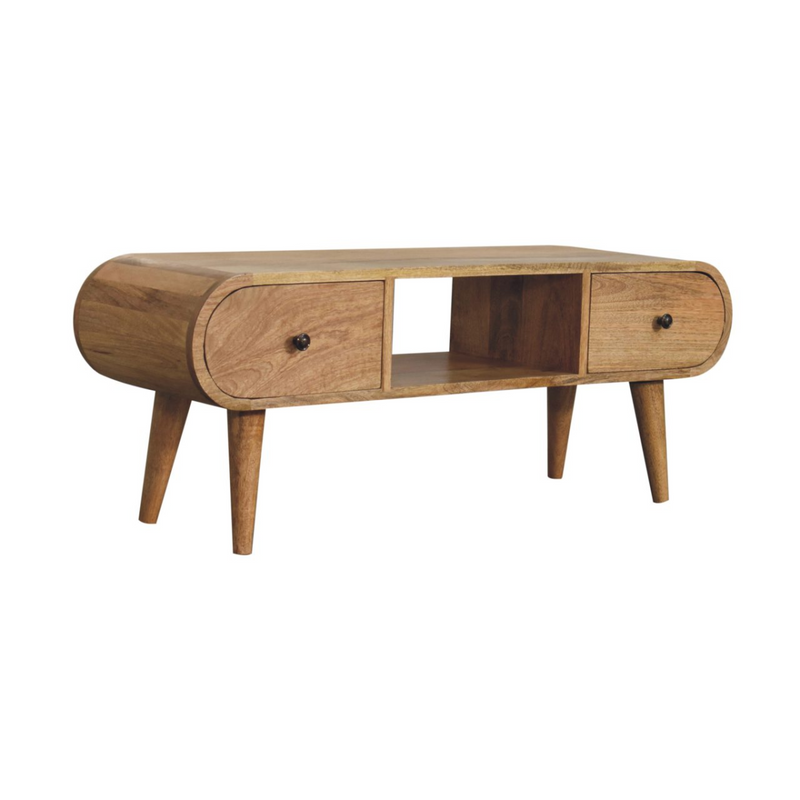 Artisan Furniture Solid Wood Oak-ish Circular TV Unit, Beige, 2 Drawers and Open Slot