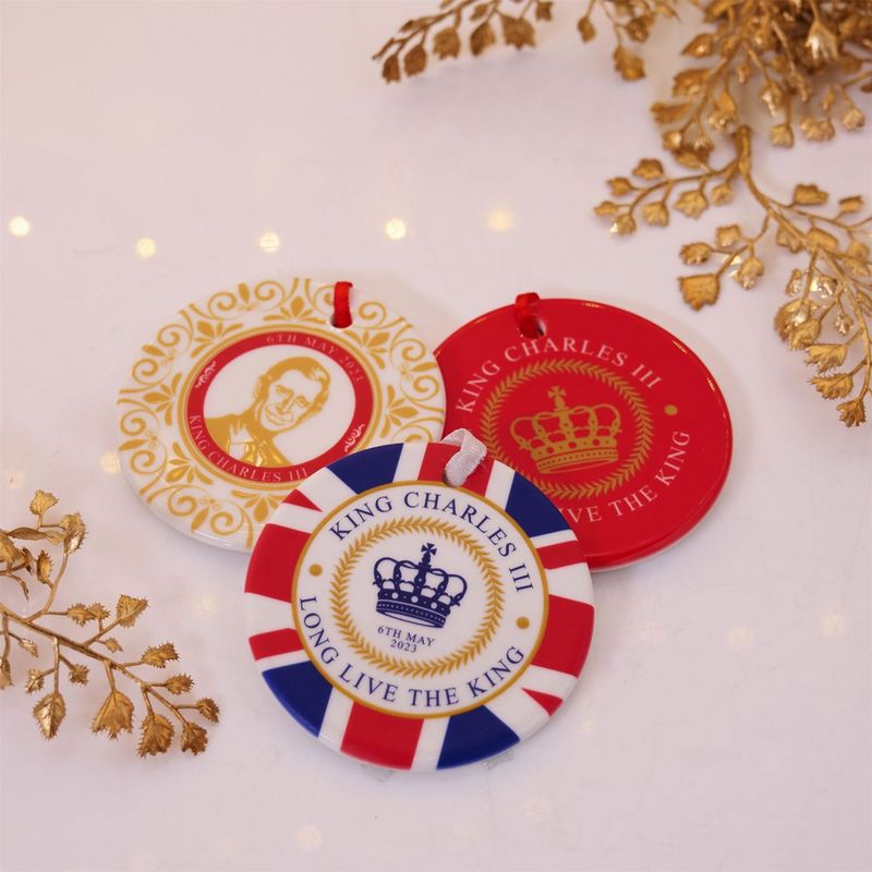 King Charles III Ceramic Round Ornament with Ribbon Made In UK - Image