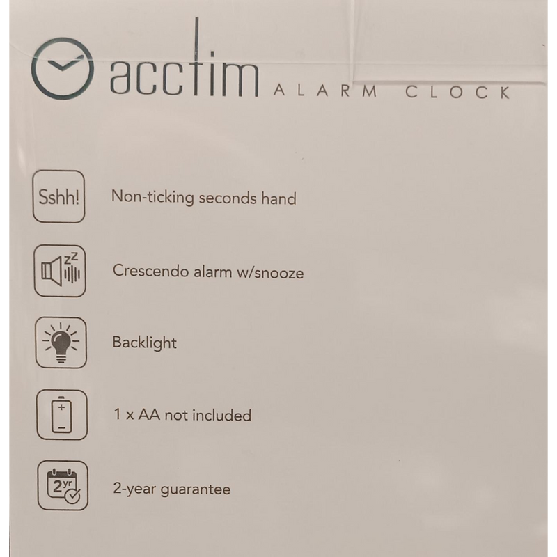Acctim Jefferson Silent Sweep, Crescendo and Light features Bedside Alarm Clock in White - 16482