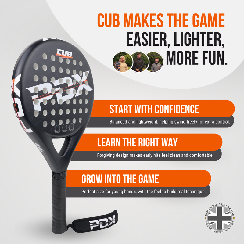 PDX Cub Kids Beginner Padel Racket | Ages 6-12 | 30% Carbon 70% Fibreglass | 270g Round