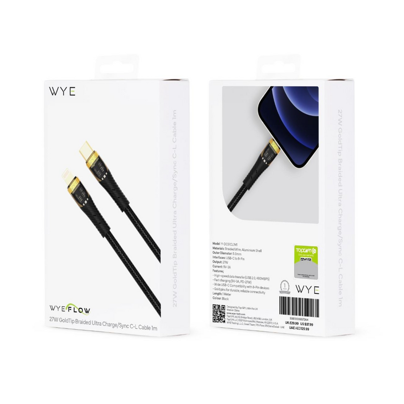 Wyeflow 27W GoldTip Braided Fast Charge/Sync C to 8 Pin Cable 1m